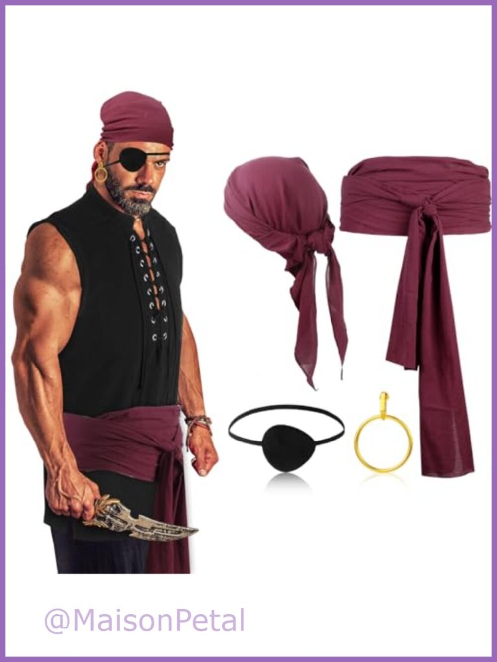 Men Pirate Costume 5 Pc Set Viking Shirt Scarf Eye Patch Belt Cosplay